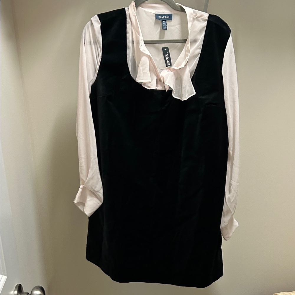 ModCloth Black Velvet Shift Dress with Cream Blouse Detail